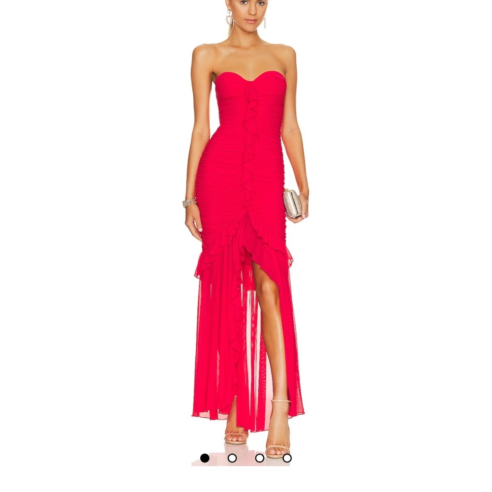 MAJORELLE Strapless Ruffled Red High-Low Gown